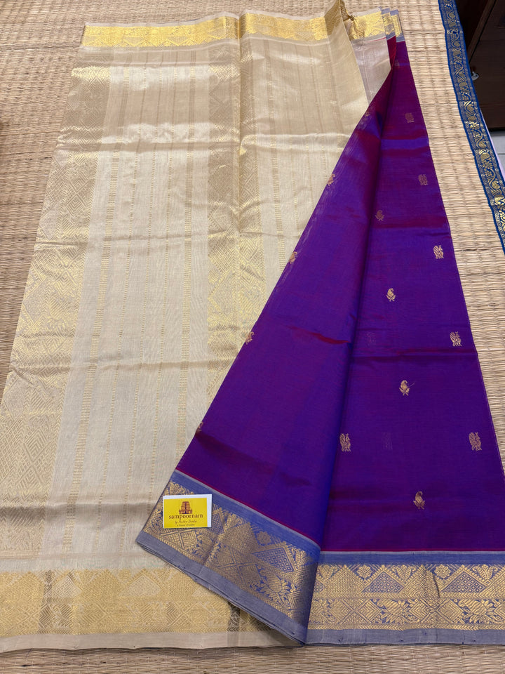 Purple with Offwhite, Rich Zari Butta in the Body Traditional Borders and Rich Pallu Pure Silk Cotton Saree