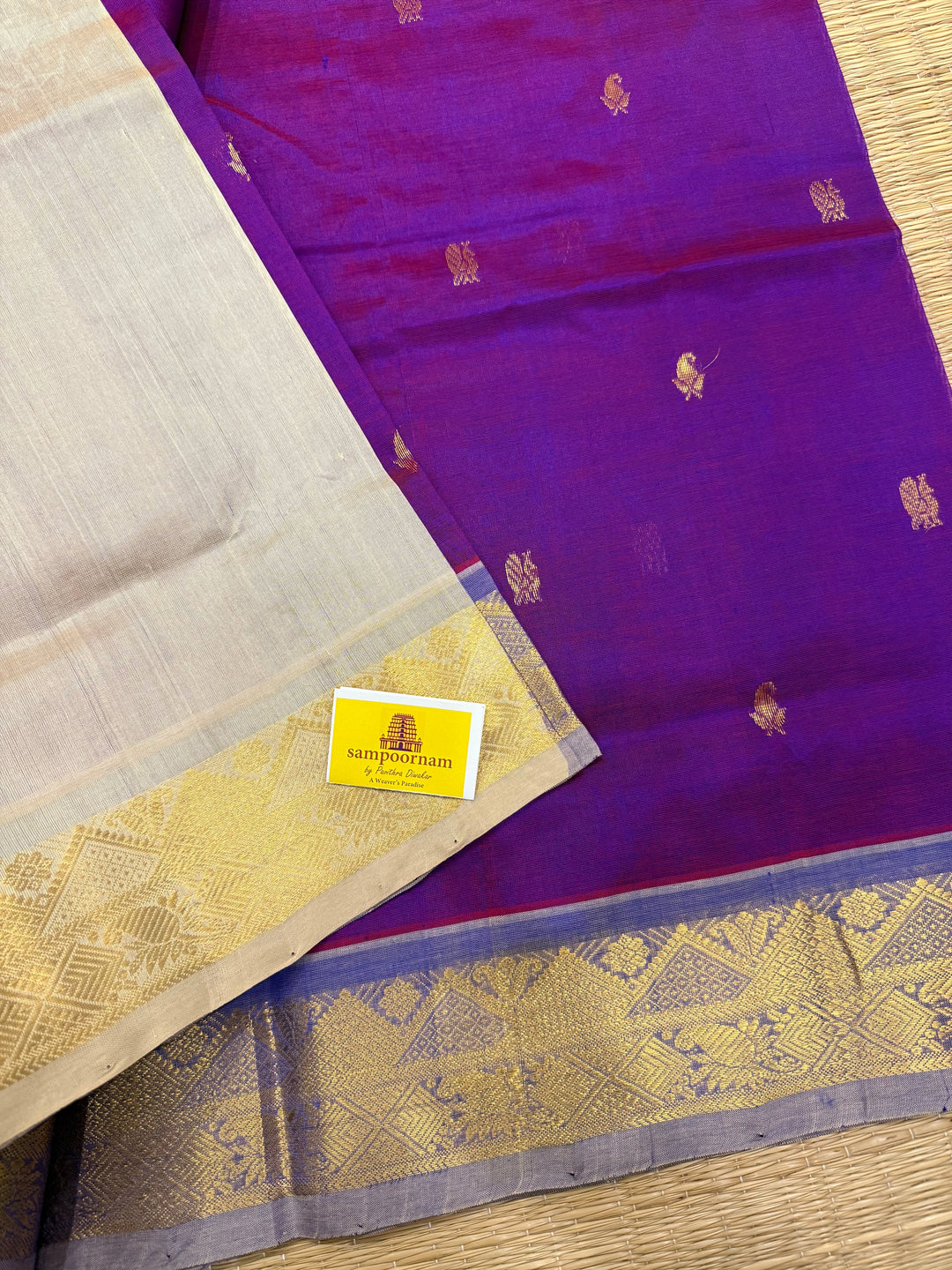 Purple with Offwhite, Rich Zari Butta in the Body Traditional Borders and Rich Pallu Pure Silk Cotton Saree