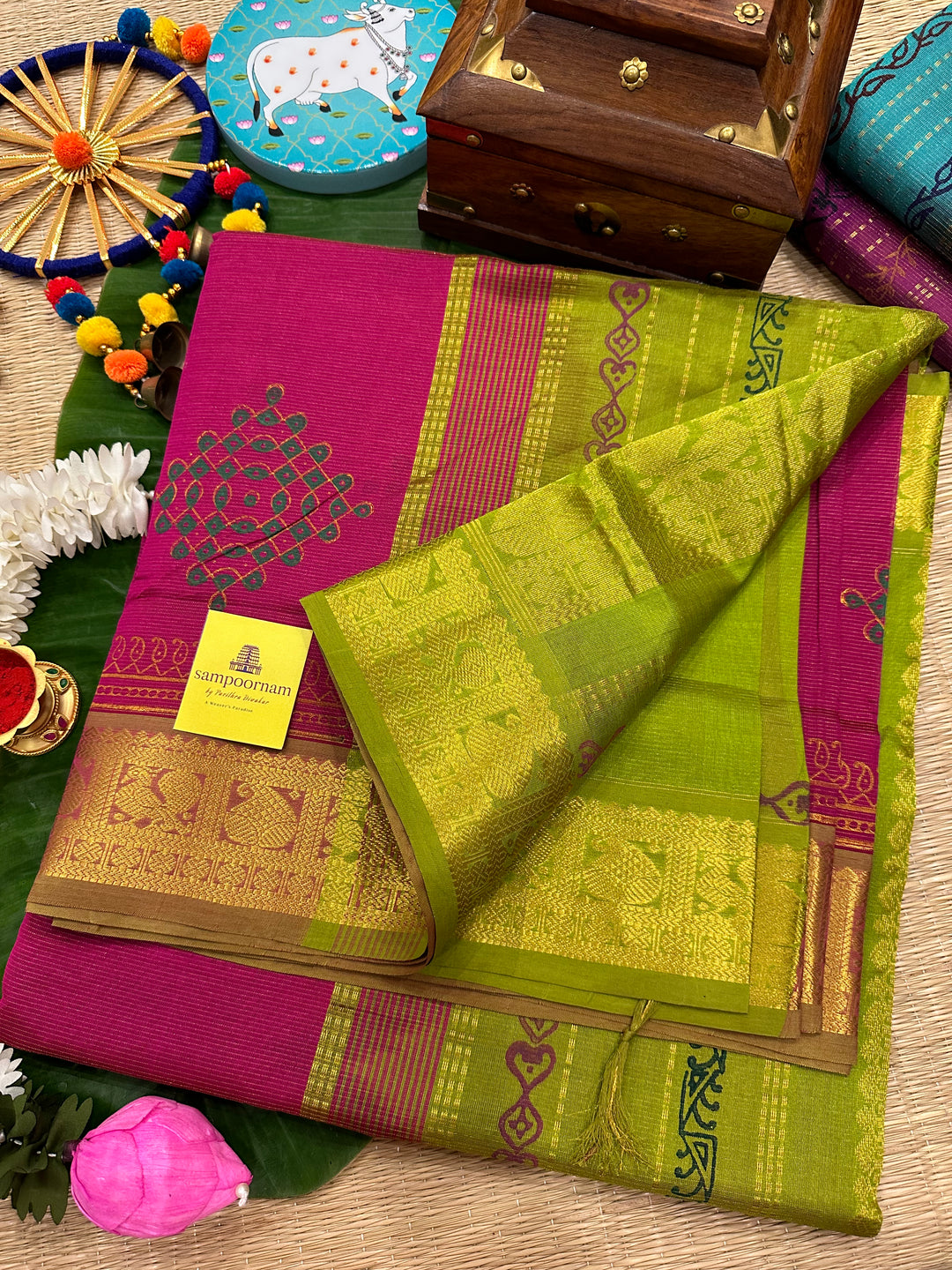 Magenta with Green Vairaoosi Kolam Handblock Printed Silk Cotton Saree