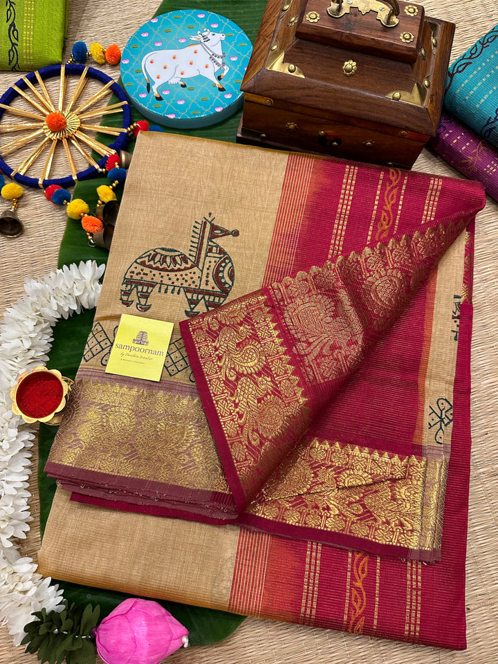 Bisque with Red Vairaoosi Handblock Printed Silk Cotton Saree