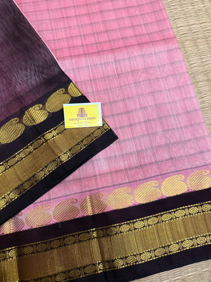 Onion Pink with Brown, Body Checks , Traditional Border and Rich Pallu Korvai Silk Cotton Saree