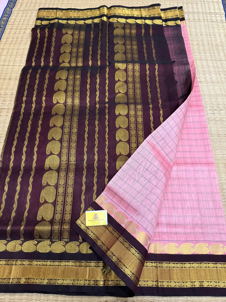 Onion Pink with Brown, Body Checks , Traditional Border and Rich Pallu Korvai Silk Cotton Saree