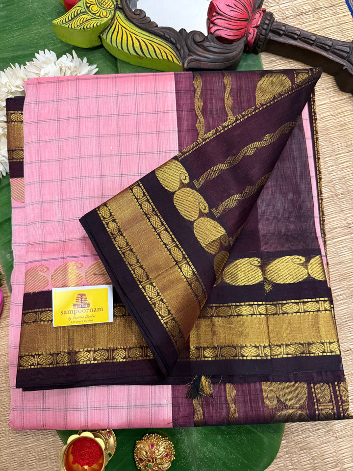 Onion Pink with Brown, Body Checks , Traditional Border and Rich Pallu Korvai Silk Cotton Saree
