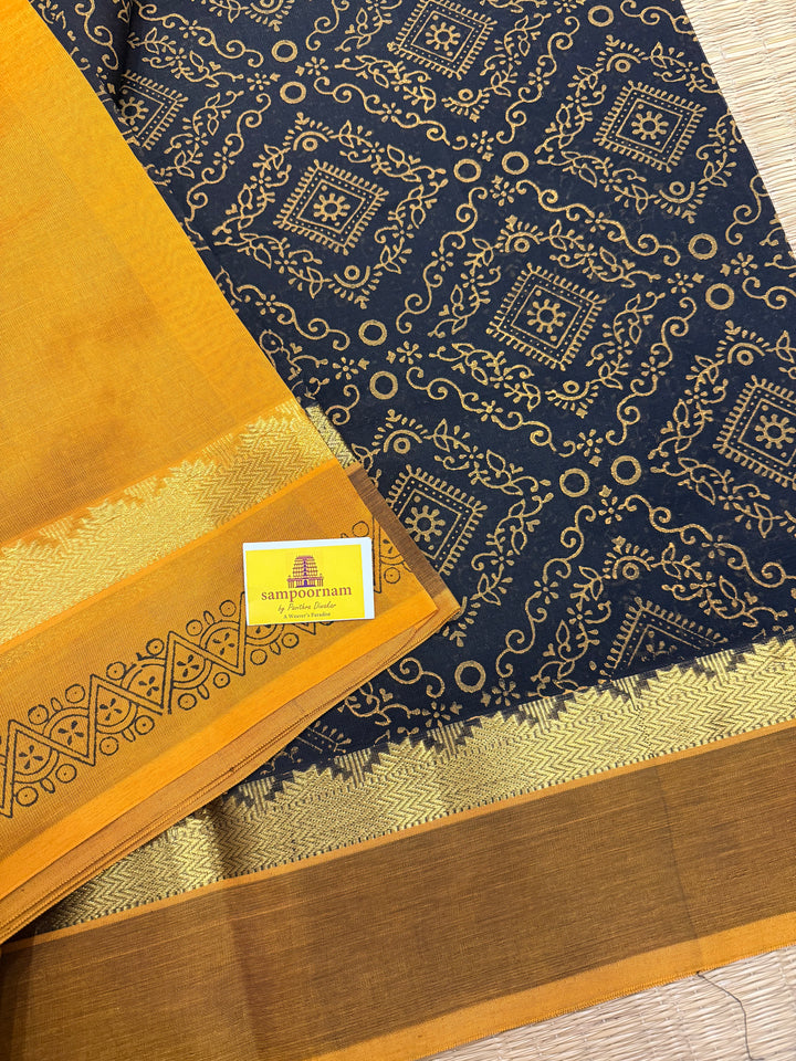 Black with Mustard Rangoli Deisgns all over the body, Silk Cotton Saree