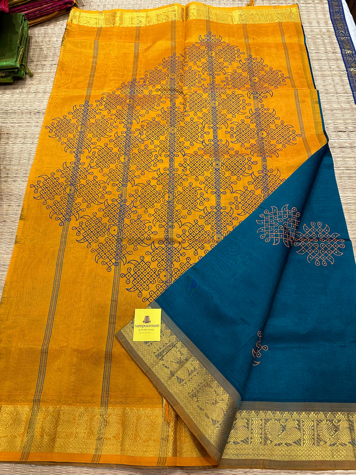 Green with Mustard Kolam Handblock Printed Silk Cotton Saree