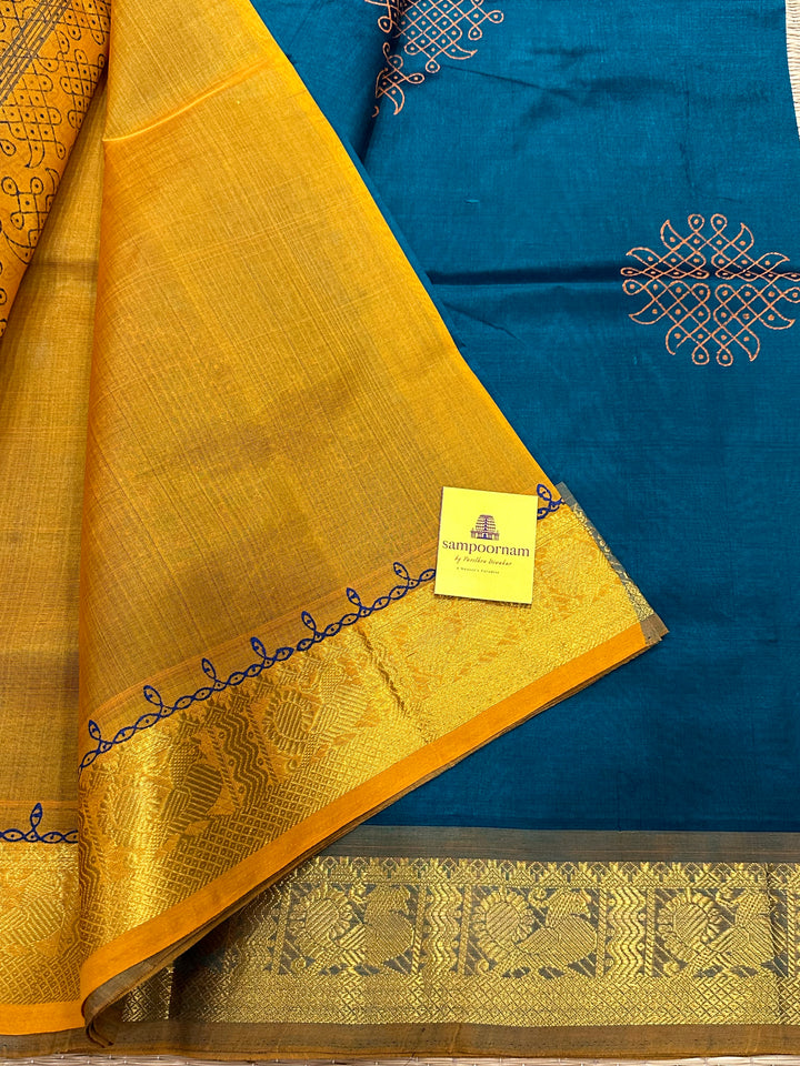 Green with Mustard Kolam Handblock Printed Silk Cotton Saree