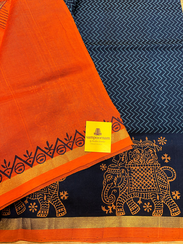 Blue with Orange Handblock Printed Silk Cotton Saree