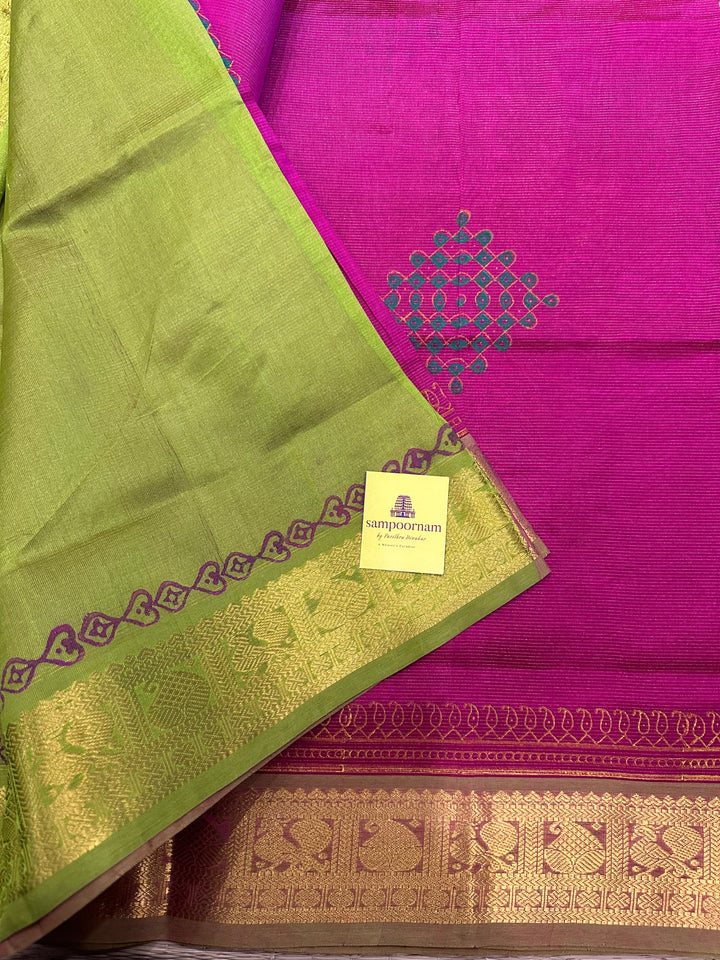 Magenta with Green Vairaoosi Kolam Handblock Printed Silk Cotton Saree