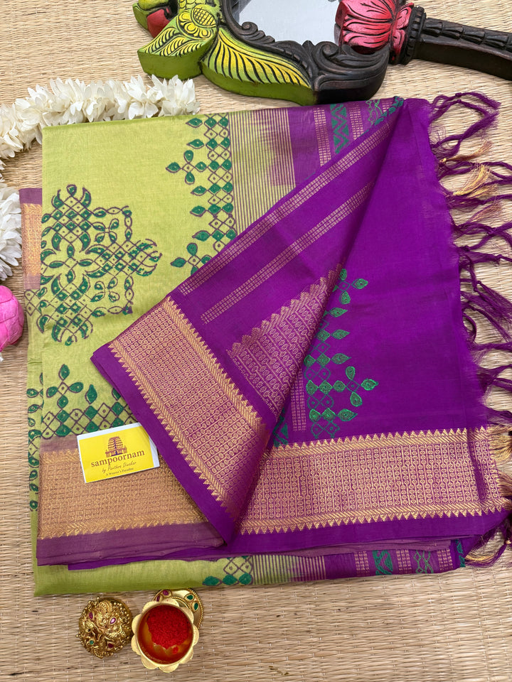 Green with Purple Kolam Handblock Printed Silk Cotton Sarees