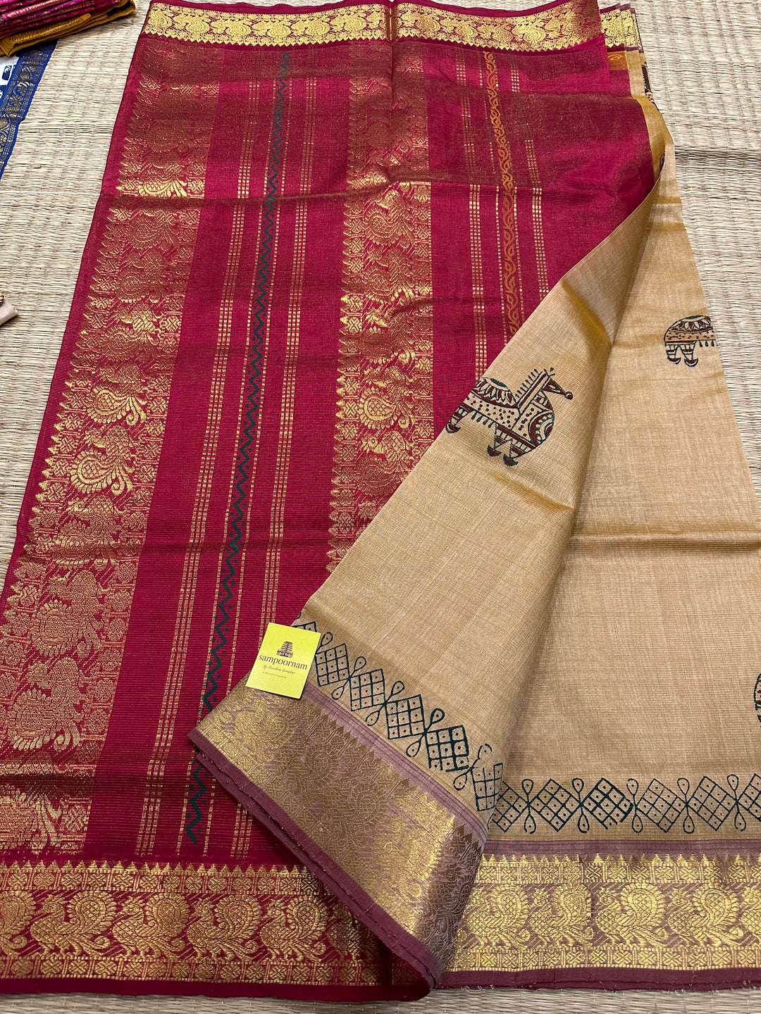 Bisque with Red Vairaoosi Handblock Printed Silk Cotton Saree