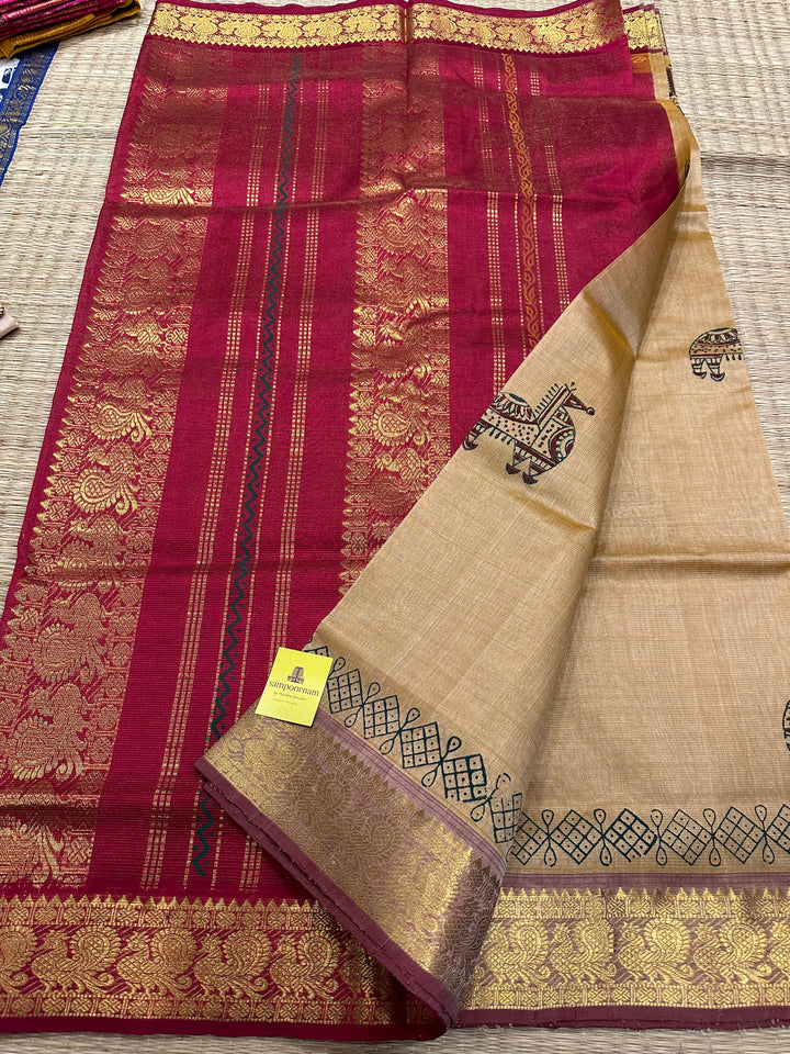 Bisque with Red Vairaoosi Handblock Printed Silk Cotton Saree