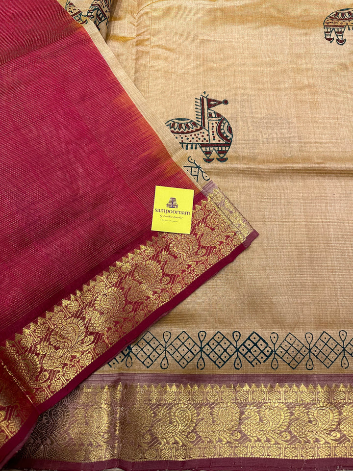 Bisque with Red Vairaoosi Handblock Printed Silk Cotton Saree