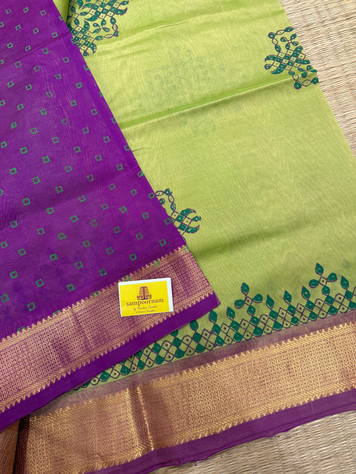 Green with Purple Kolam Handblock Printed Silk Cotton Sarees