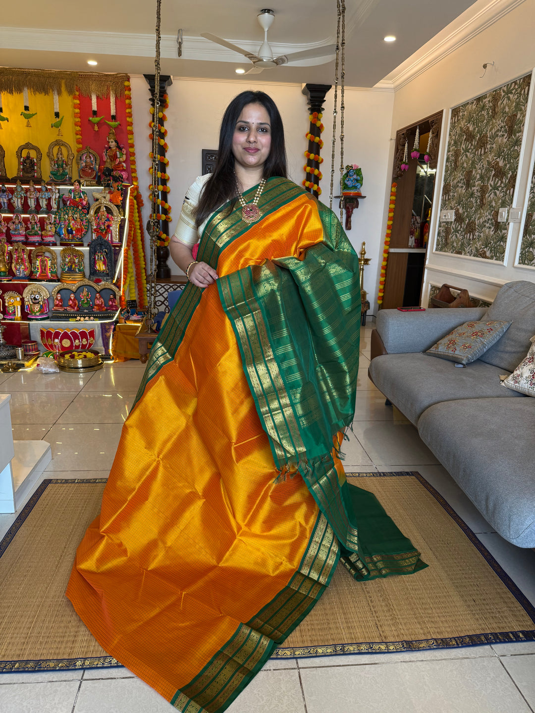 Mambazha Manjal with Green Podi Kattam  , traditional kanchi borders and rich Pallu Korvai Silk Cotton Saree