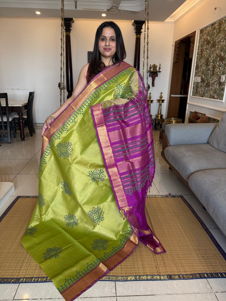 Green with Purple Kolam Handblock Printed Silk Cotton Sarees