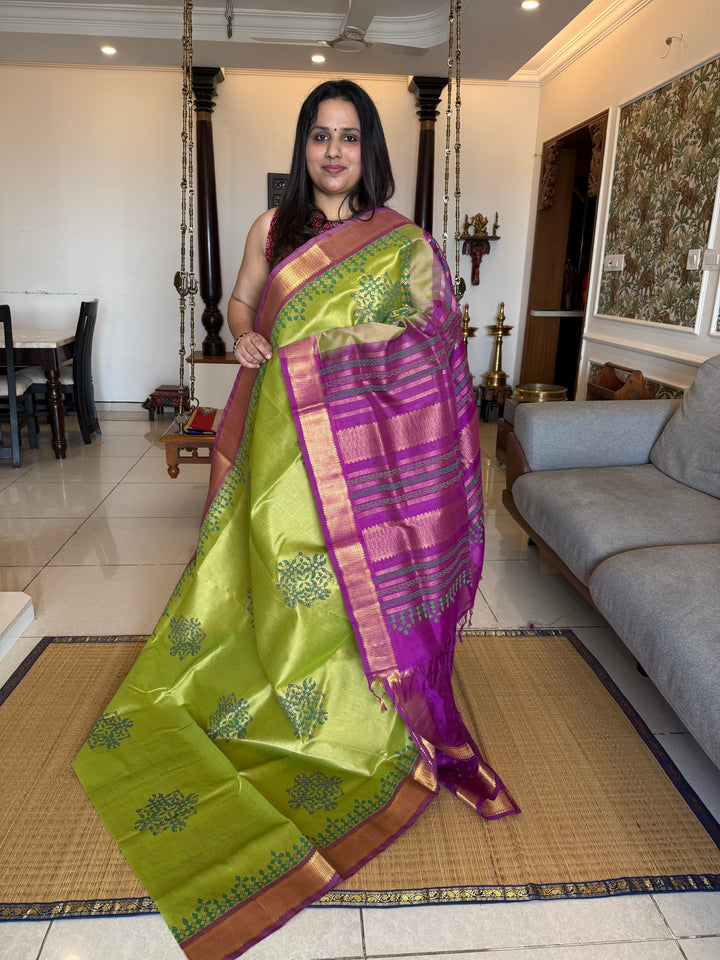 Green with Purple Kolam Handblock Printed Silk Cotton Sarees