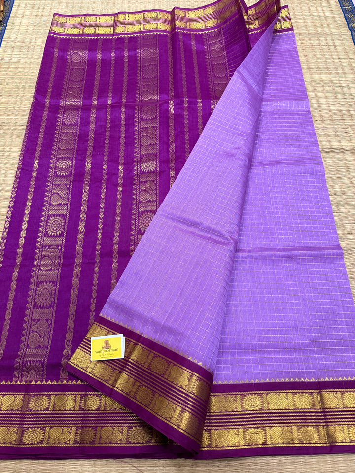 Lavender with Magenta, rich Zari checks in the body ,rettapet border and grand Pallu Korvai Silk Cotton Saree