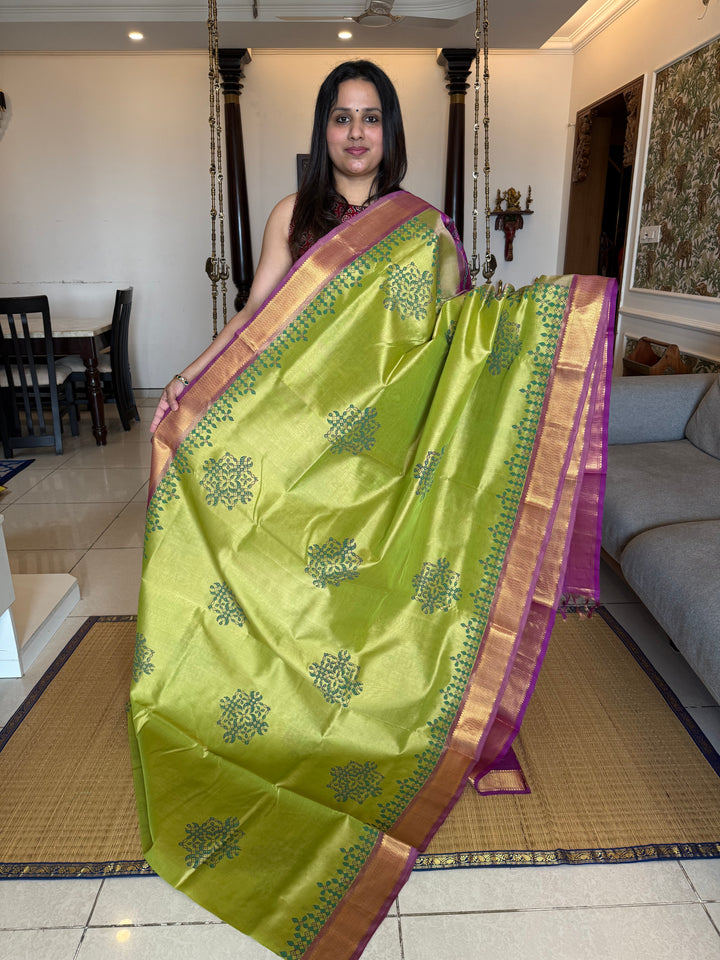 Green with Purple Kolam Handblock Printed Silk Cotton Sarees