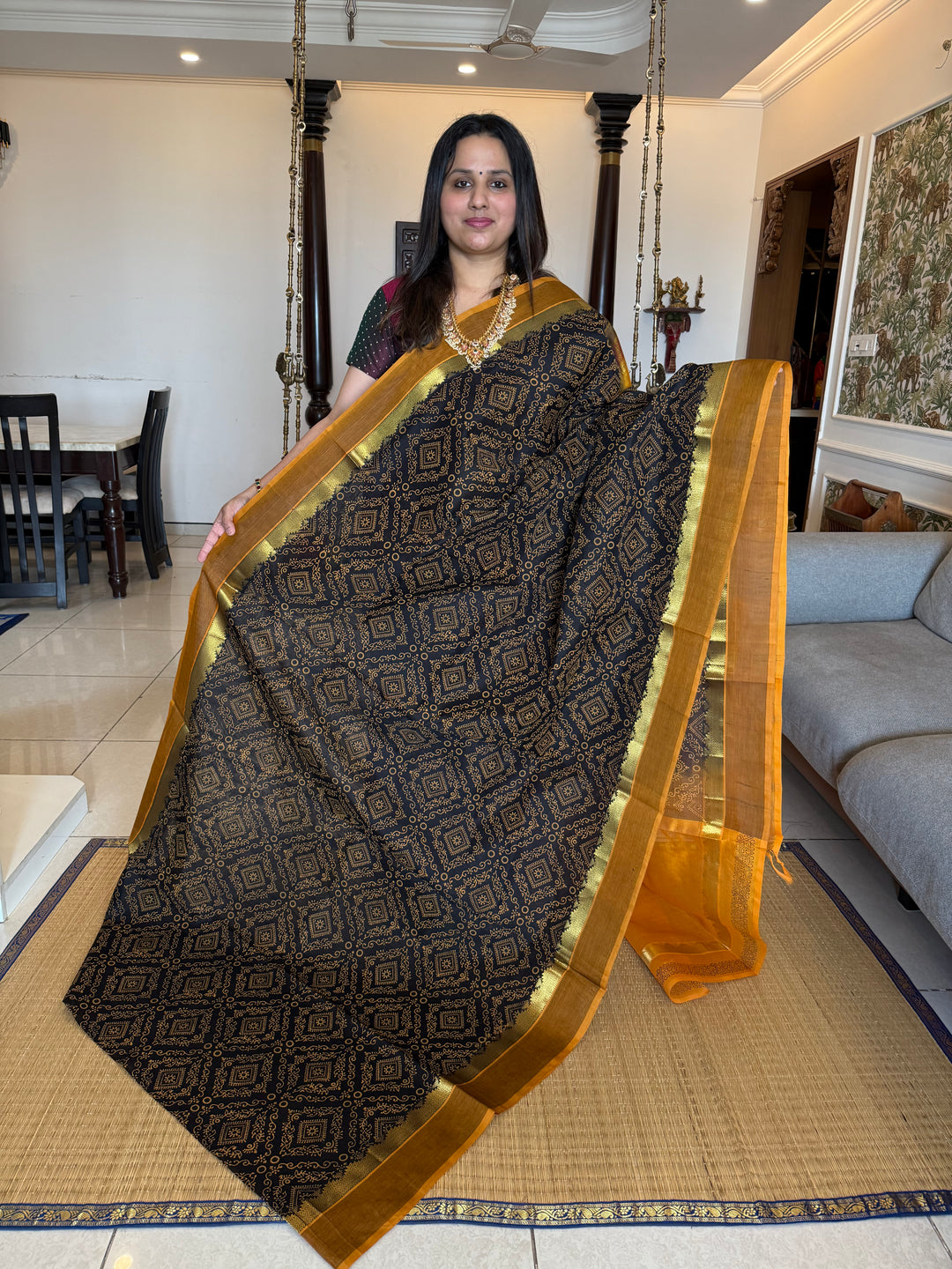 Black with Mustard Rangoli Deisgns all over the body, Silk Cotton Saree