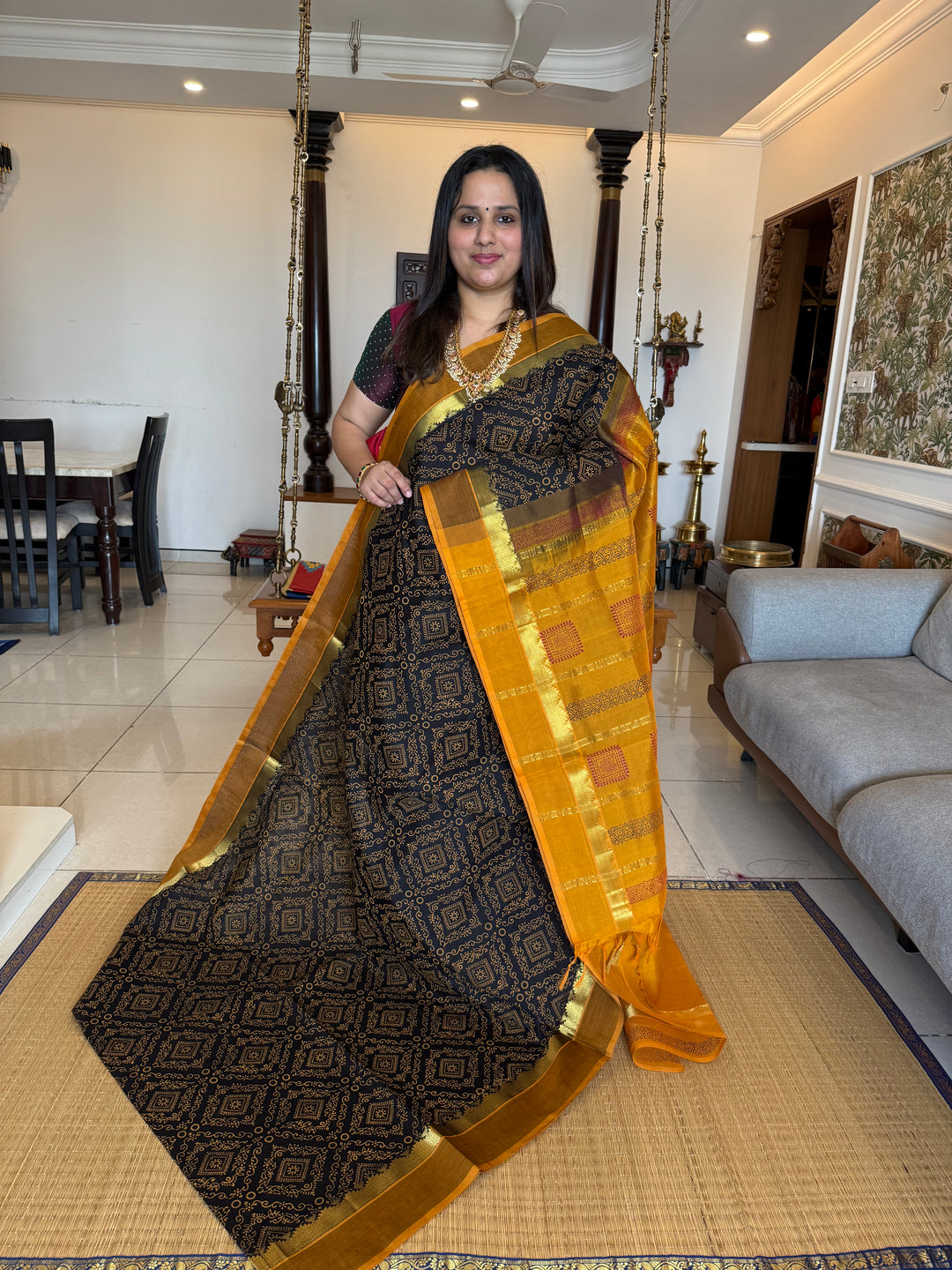 Black with Mustard Rangoli Deisgns all over the body, Silk Cotton Saree
