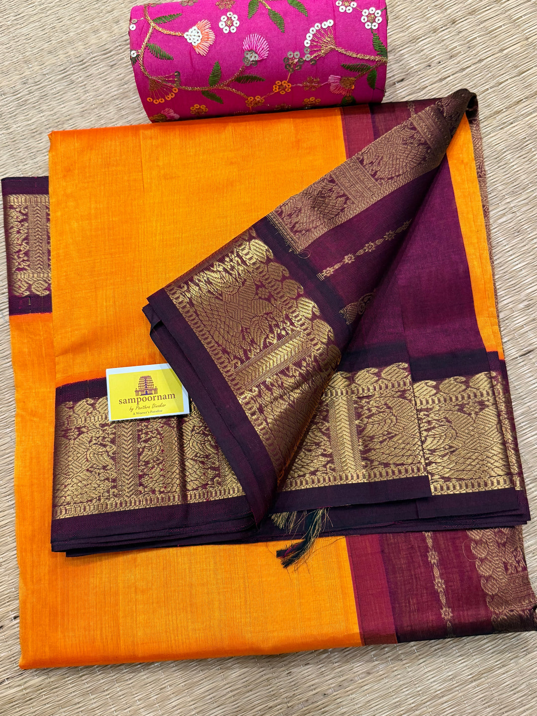 Mambazha Manjal with Araku , traditional borders and rich  Pallu Korvai Silk Cotton Saree