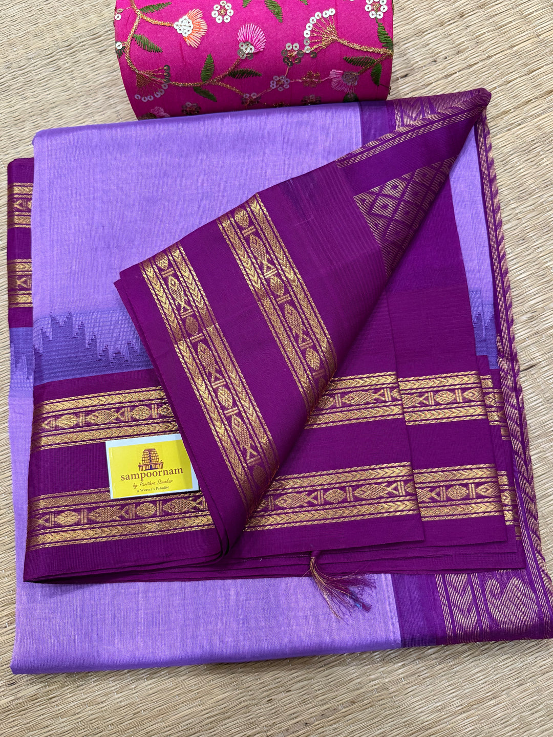 Lavender with Magenta , rettapet temple border , rich Pallu Korvai Silk Cotton Saree
