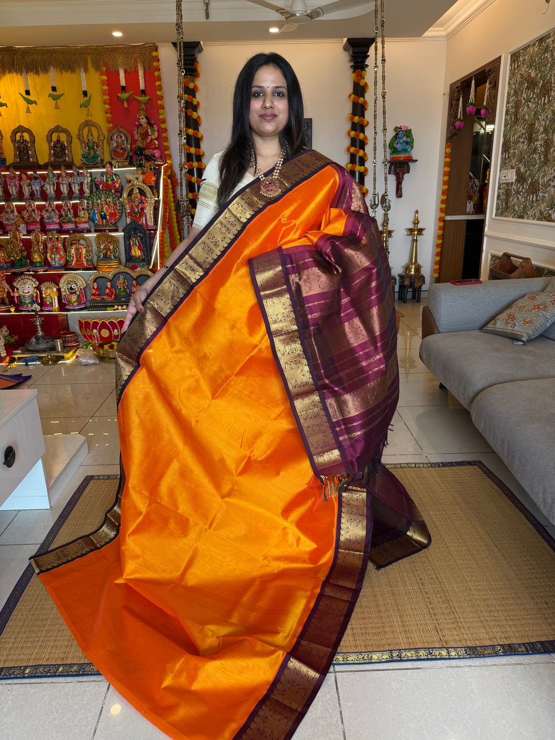 Mambazha Manjal with Araku , traditional borders and rich  Pallu Korvai Silk Cotton Saree