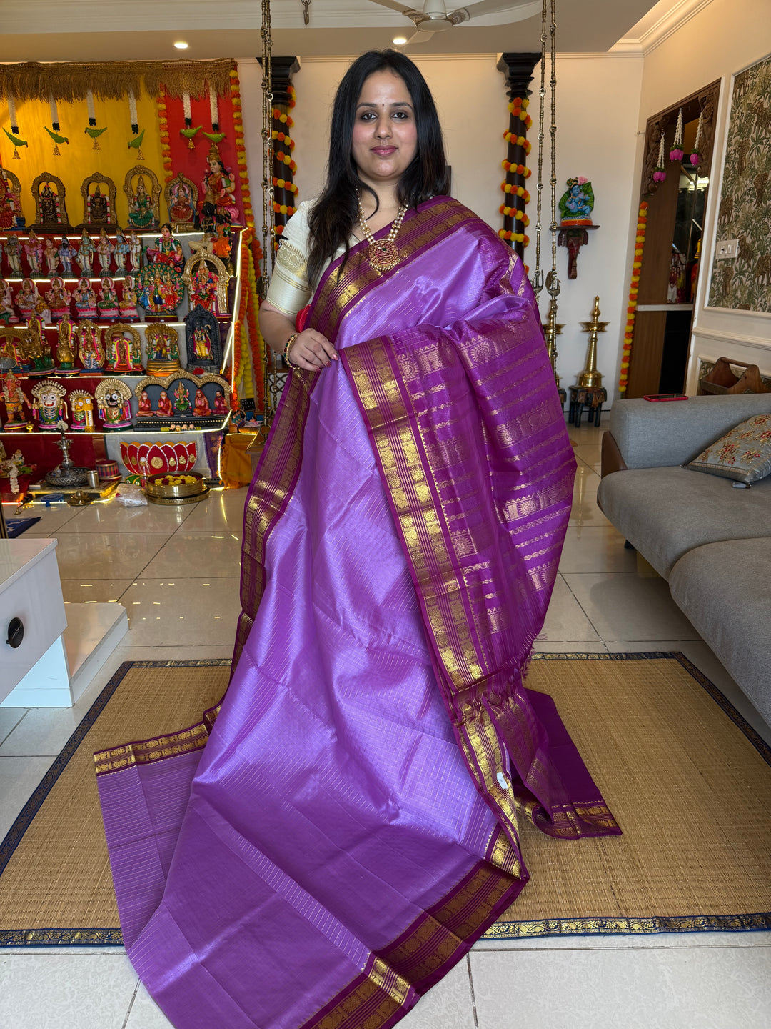 Lavender with Magenta, rich Zari checks in the body ,rettapet border and grand Pallu Korvai Silk Cotton Saree