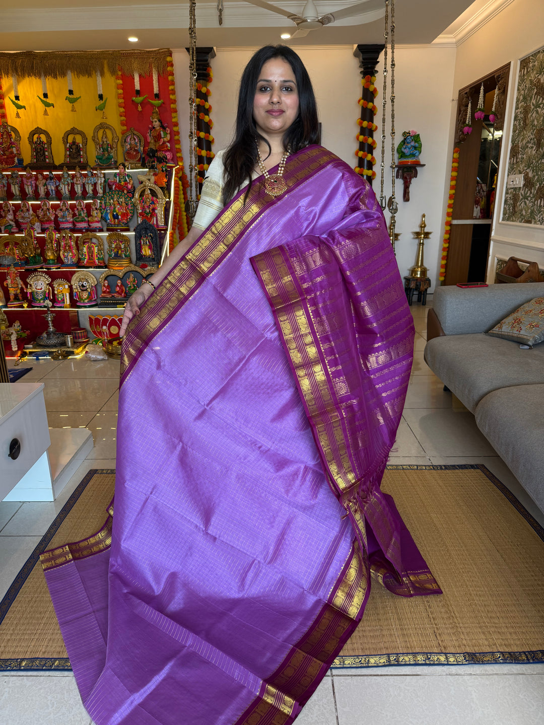 Lavender with Magenta, rich Zari checks in the body ,rettapet border and grand Pallu Korvai Silk Cotton Saree