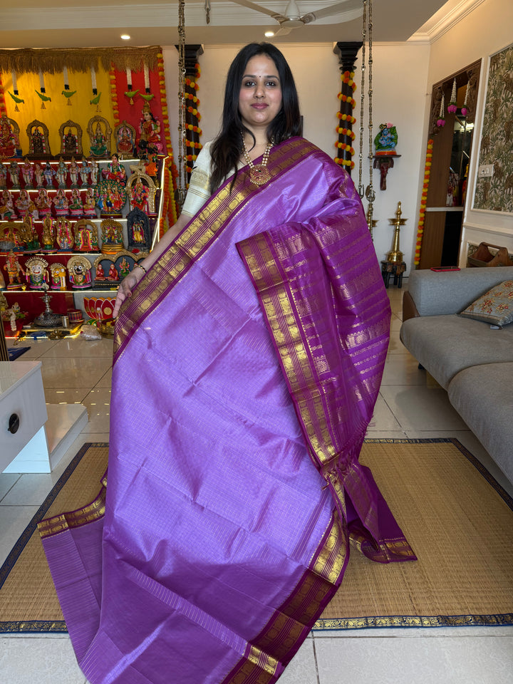 Lavender with Magenta, rich Zari checks in the body ,rettapet border and grand Pallu Korvai Silk Cotton Saree