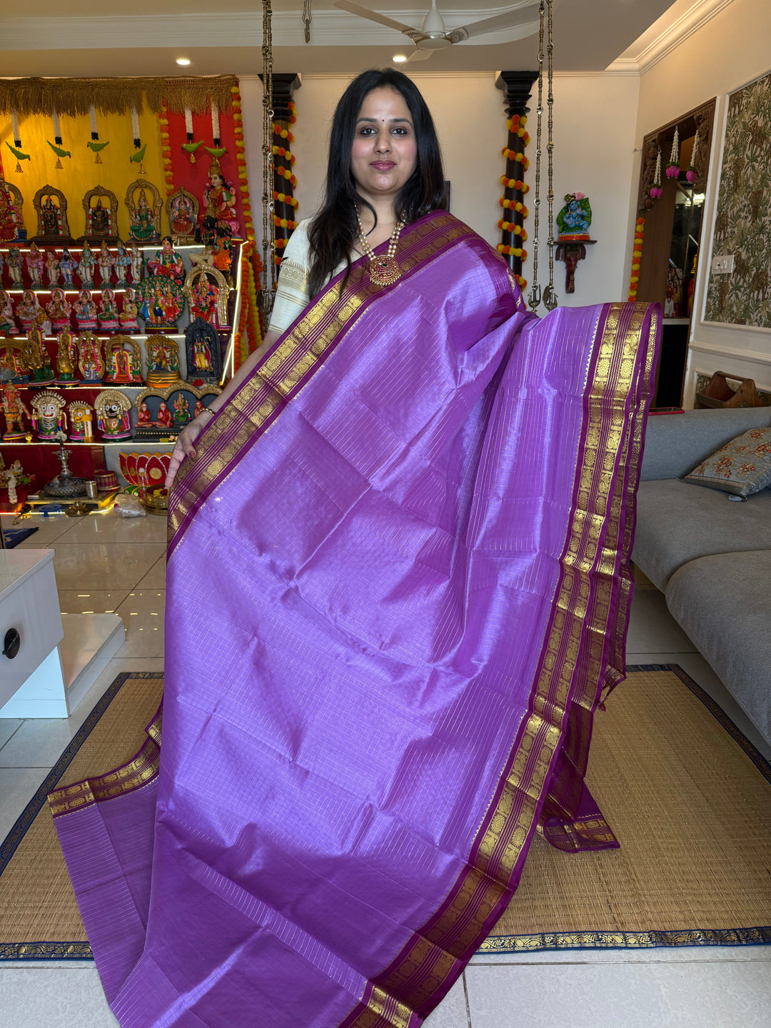 Lavender with Magenta, rich Zari checks in the body ,rettapet border and grand Pallu Korvai Silk Cotton Saree