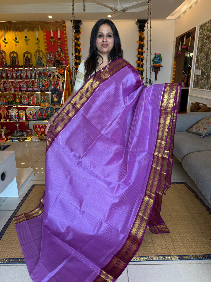 Lavender with Magenta, rich Zari checks in the body ,rettapet border and grand Pallu Korvai Silk Cotton Saree