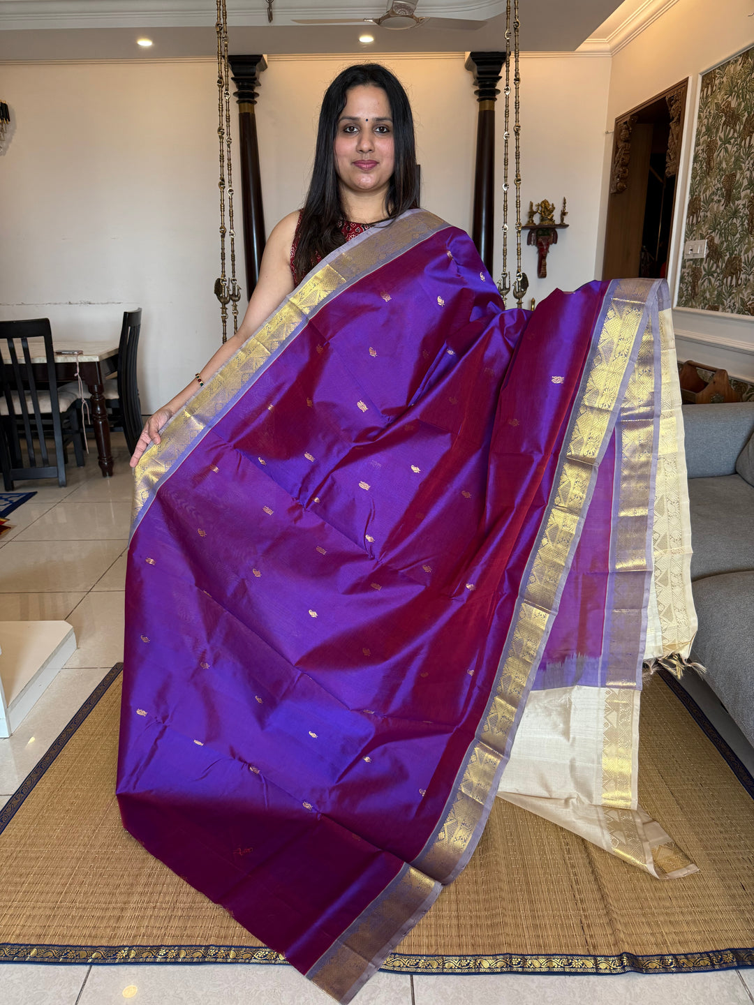 Purple with Offwhite, Rich Zari Butta in the Body Traditional Borders and Rich Pallu Pure Silk Cotton Saree