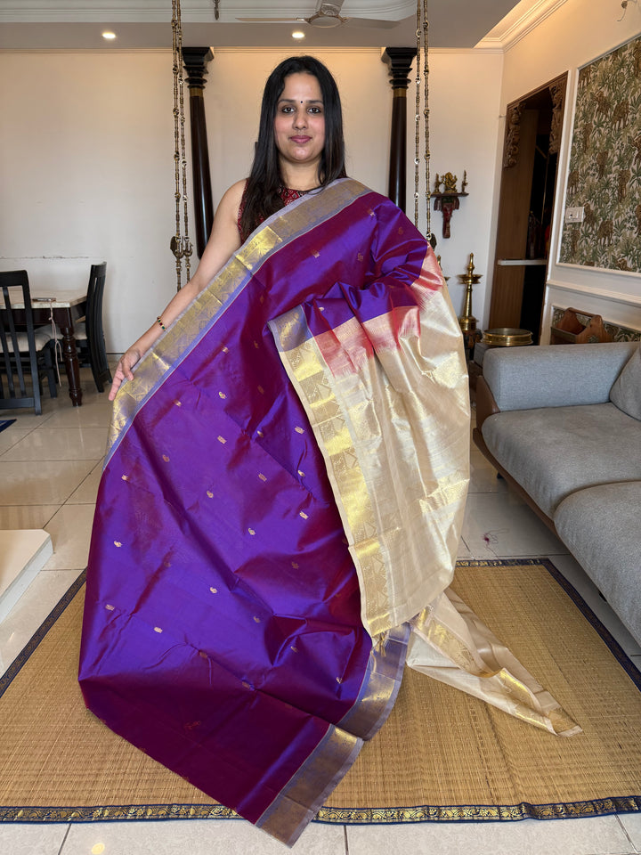 Purple with Offwhite, Rich Zari Butta in the Body Traditional Borders and Rich Pallu Pure Silk Cotton Saree