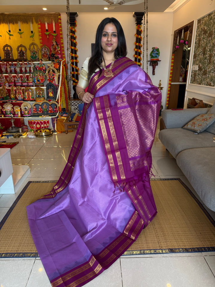 Lavender with Magenta , rettapet temple border , rich Pallu Korvai Silk Cotton Saree