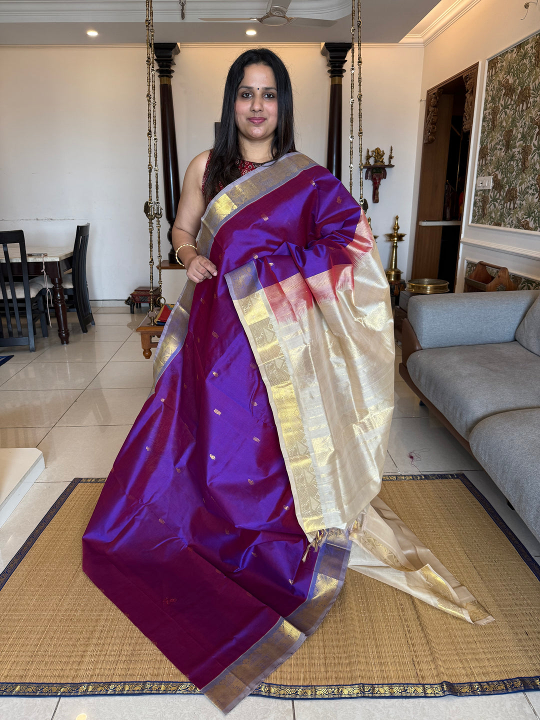 Purple with Offwhite, Rich Zari Butta in the Body Traditional Borders and Rich Pallu Pure Silk Cotton Saree
