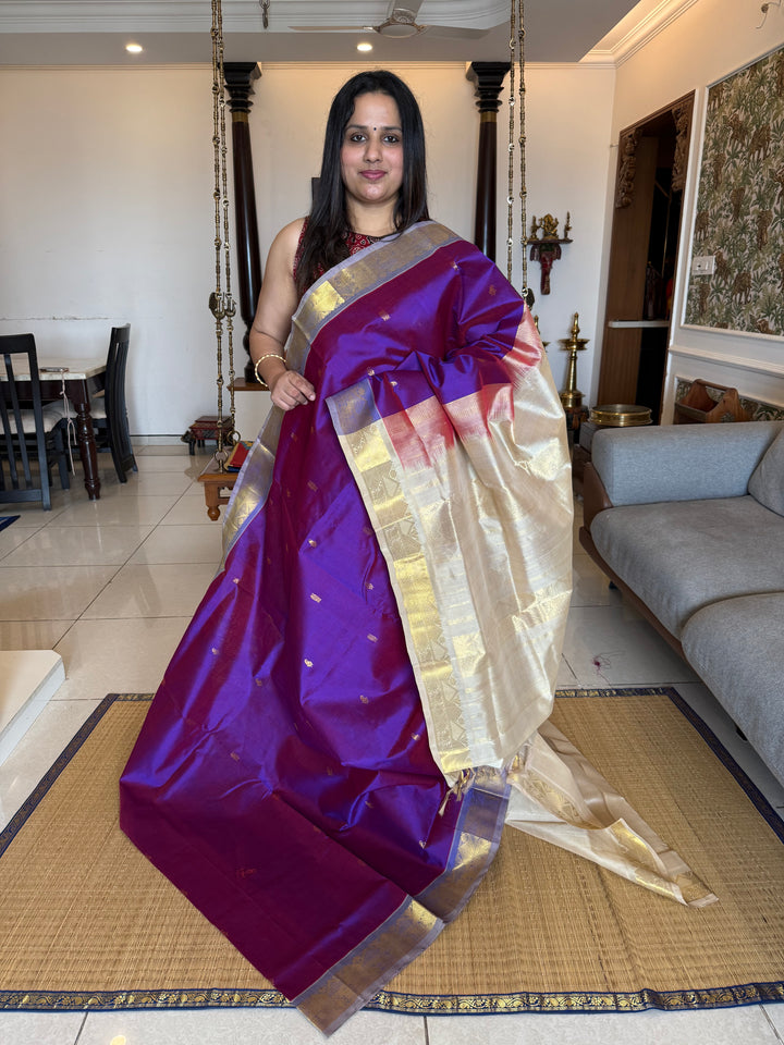 Purple with Offwhite, Rich Zari Butta in the Body Traditional Borders and Rich Pallu Pure Silk Cotton Saree