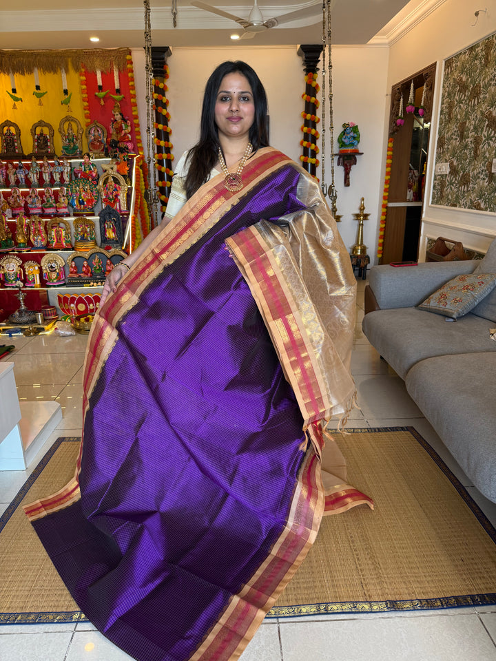 Purple with Biscuit colour , body kattam , traditional borders and rich Pallu Korvai Silk Cotton Saree