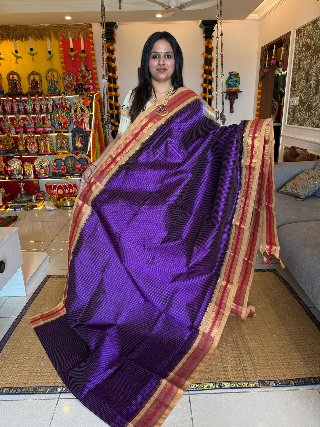 Purple with Biscuit colour , body kattam , traditional borders and rich Pallu Korvai Silk Cotton Saree