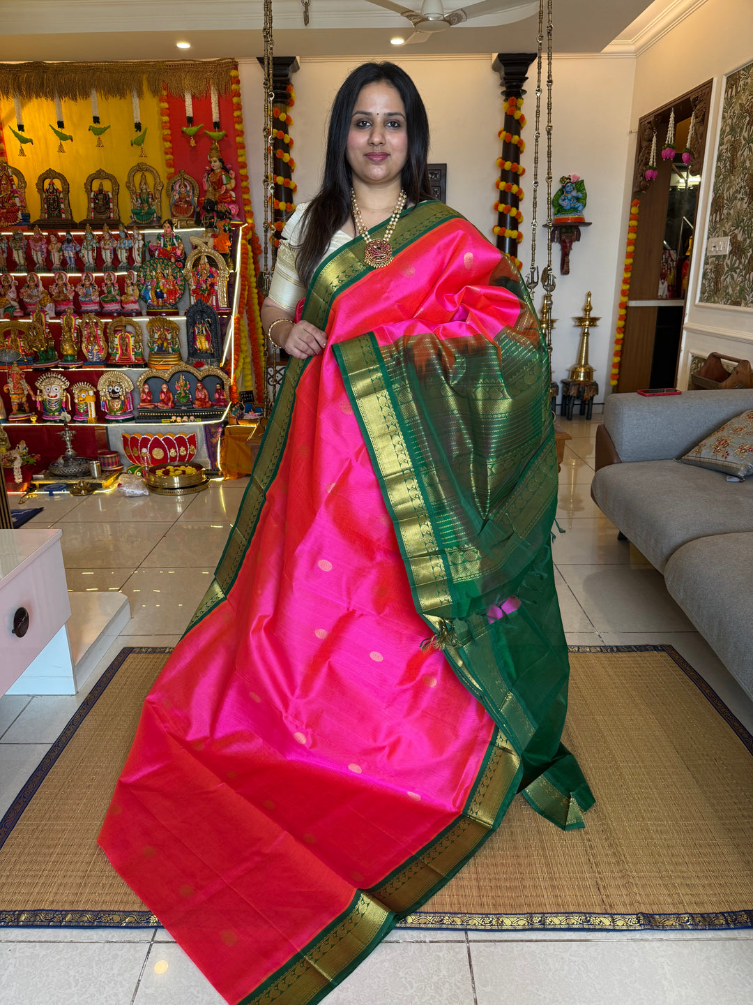 Magenta with Green rich body butta , traditional borders and rich  Pallu Korvai Silk Cotton Saree