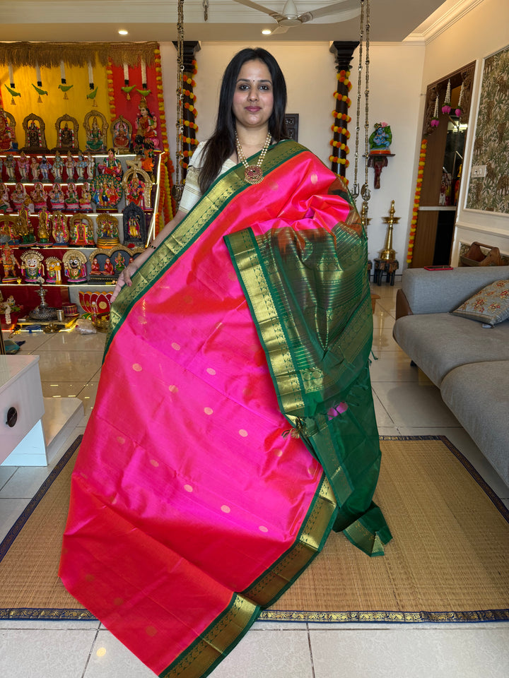 Magenta with Green rich body butta , traditional borders and rich  Pallu Korvai Silk Cotton Saree