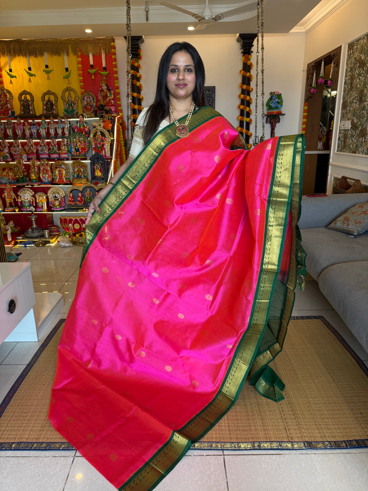 Magenta with Green rich body butta , traditional borders and rich  Pallu Korvai Silk Cotton Saree