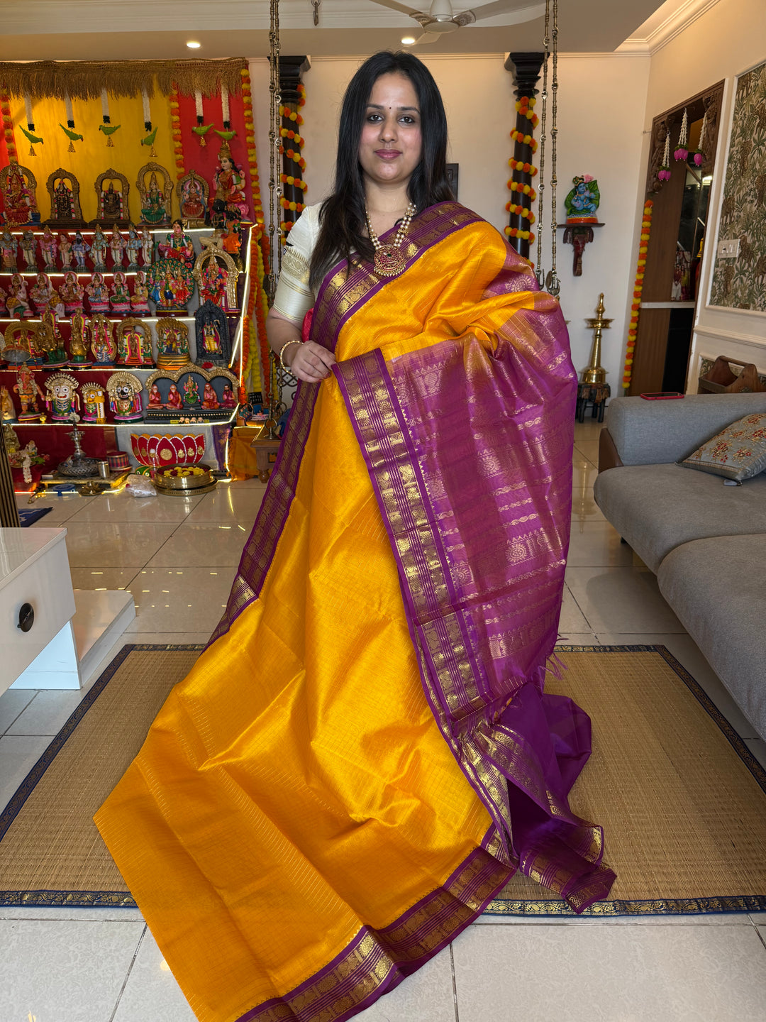 Mambazha Manjal with Purple , rich Zari checks in the body ,rettapet border and grand Pallu Korvai Silk Cotton Sareeb