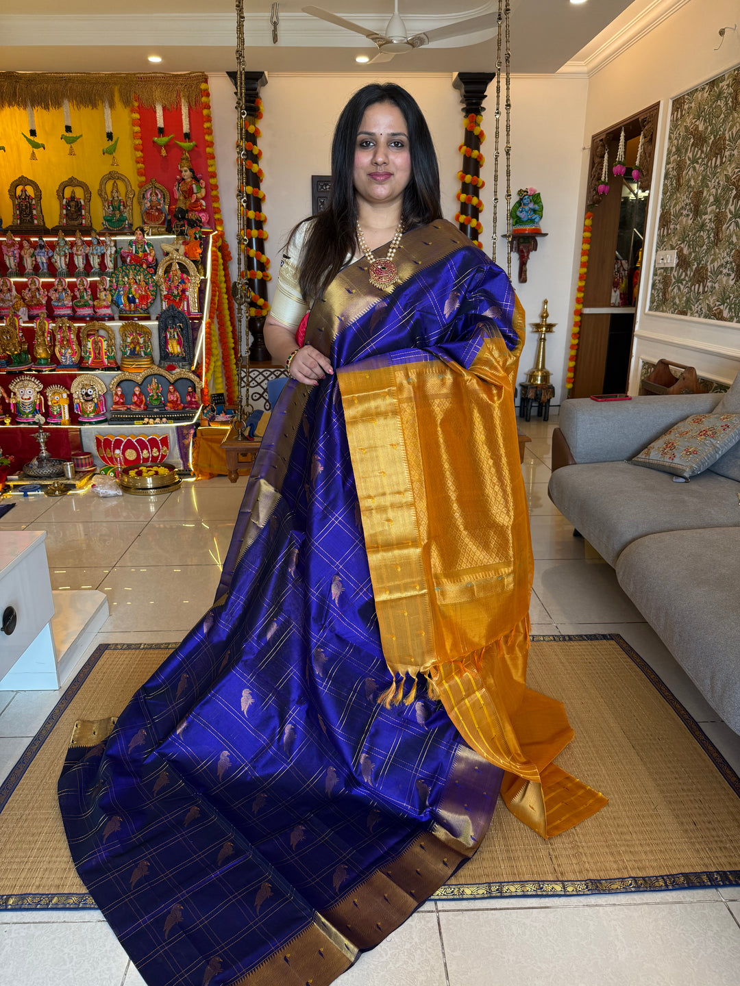 Blue with Mustard  Paithani  borders , parrot motifs in the body ,rich Pallu Korvai Silk Cotton Saree