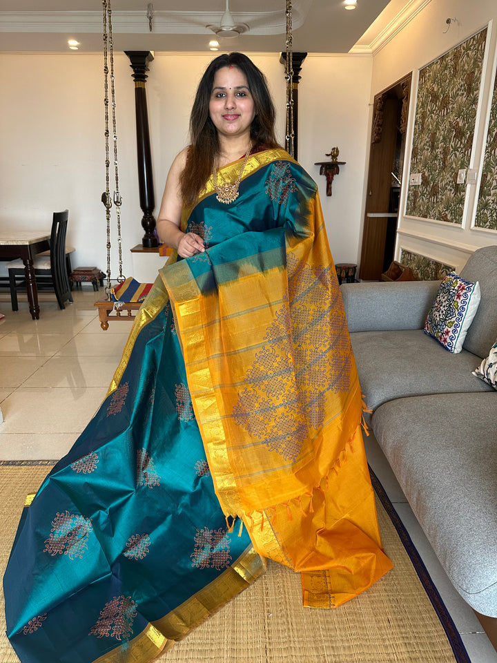 Green with Mustard Kolam Handblock Printed Silk Cotton Saree