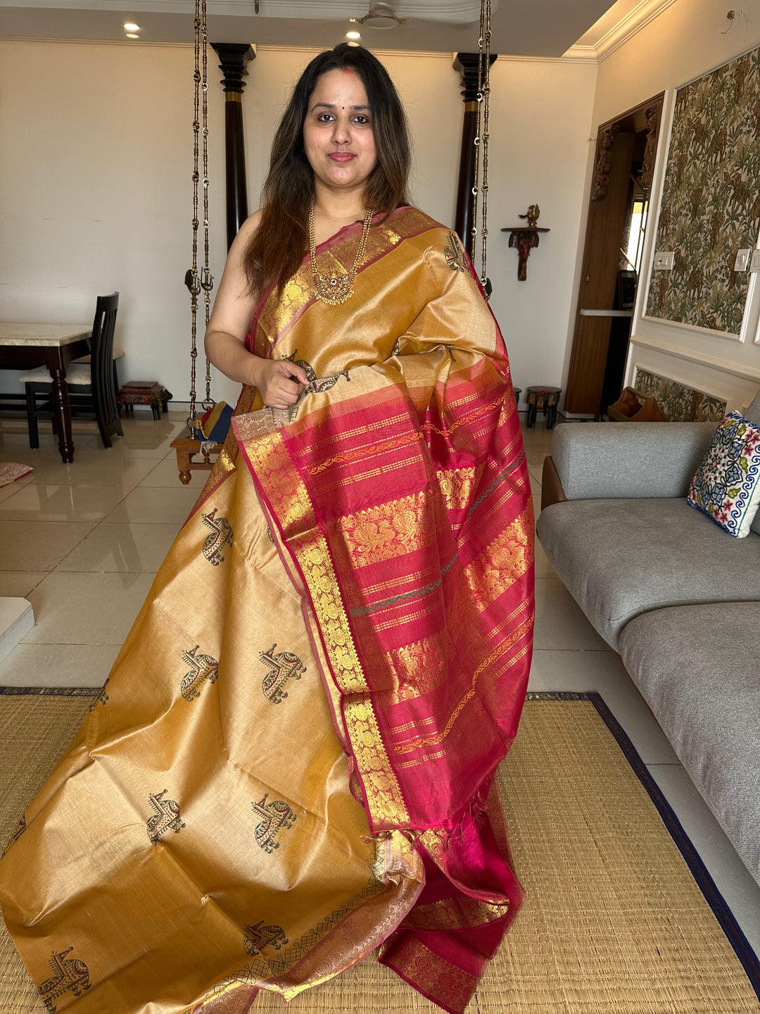 Bisque with Red Vairaoosi Handblock Printed Silk Cotton Saree