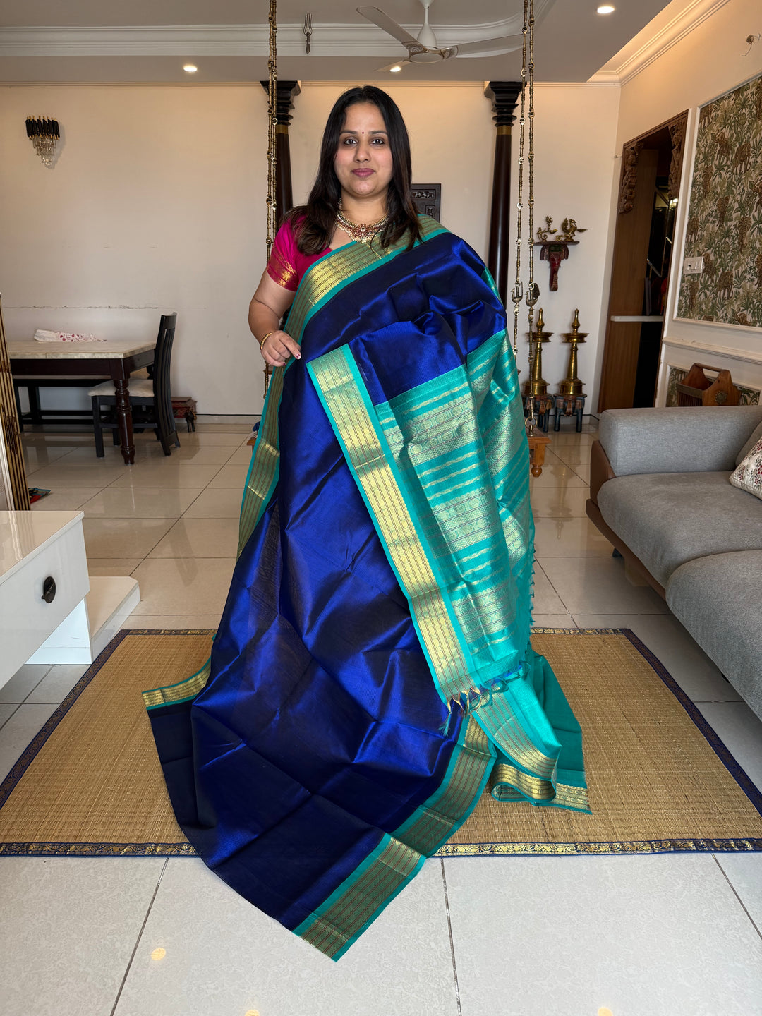 Blue with Blue Traditional Borders and Rich Pallu Korvai Silk Cotton Saree