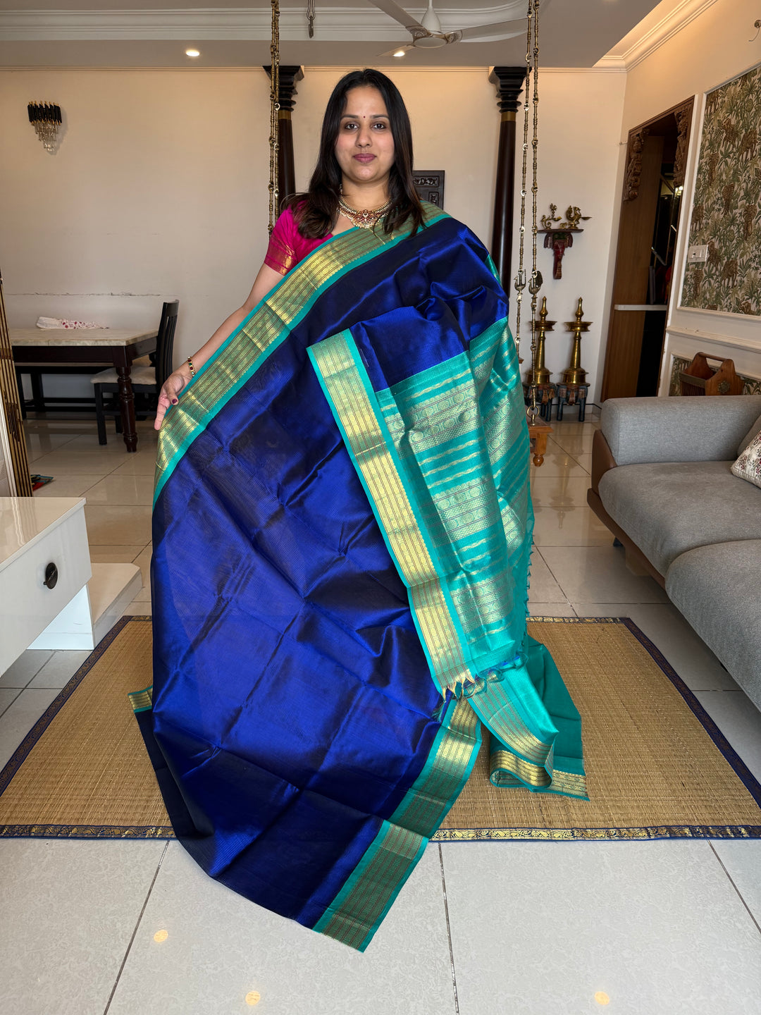 Blue with Blue Traditional Borders and Rich Pallu Korvai Silk Cotton Saree