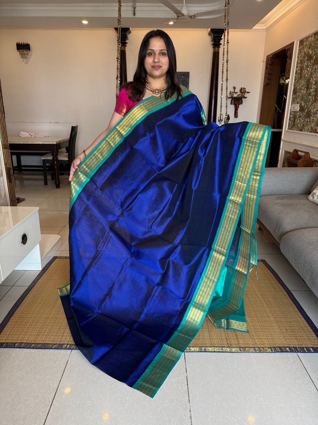 Blue with Blue Traditional Borders and Rich Pallu Korvai Silk Cotton Saree