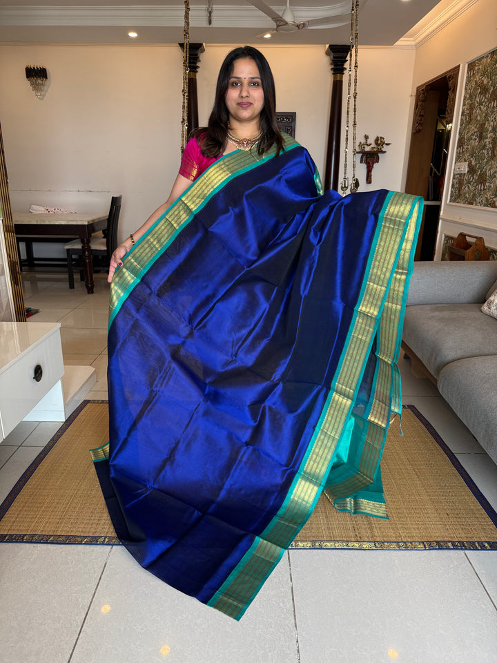 Blue with Blue Traditional Borders and Rich Pallu Korvai Silk Cotton Saree
